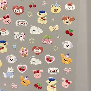 Dopamine Animal Style Nail Art Stickers Cherry Bow Knot Cartoon Waterproof Decorative DIY Nail Decals for Children