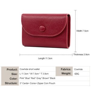 Top Layer Cowhide Lychee Pattern Short Wallet Button Closure Coin Purse Mini Card Holder Multi-Functional Multiple Card Slots with Zipper