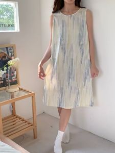 Womens Summer Crinkle Nightdress – Sleeveless Loungewear with Round Neck & Stripes Breathable Sleep Dress