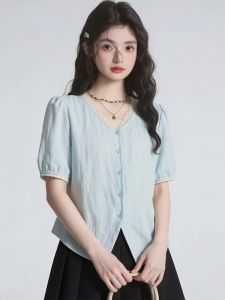 AIYITI | Lace Trim V-Neck Short Sleeve French Style Summer Blouse