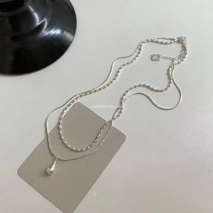 New Silver Simple Design Drop Pendant Necklace for Women Double Collar Chain Fashion Fine Jewelry Gifts Long Layered Necklace