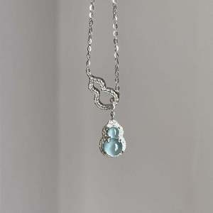 LJTY Blue Water Natural Jade Double Gourd Necklace for Women Pure Silver Accessories High-End Sensation Gift Non-Fading
