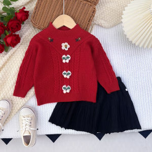 เสื้อผ้าสำหรับฤดูใบไม้ร่วง Bear Leader เสื้อกันหนาวแบบสวมศีรษะสำหรับเด็กเสื้อสเวตเตอร์แบบสวมหัว + กระโปรงมีจีบ2ชิ้นใส่ในฤดูหนาวชุดคริสต์มาสสีแดงคอกลมสำหรับเด็กผู้หญิง