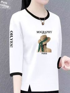 QIAOXIZI | Cotton T-shirt 3/4 Sleeve Loose Fit Belly Covering Fashionable Womens Clothing