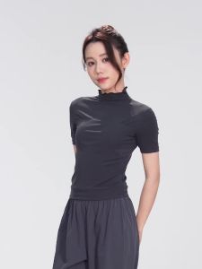 daydance | Women Running Sports Dance T Shirt Summer Short Sleeves Ruffled Stand Collar Breathable Stretchy Gym Yoga Fitness Active Top Tee