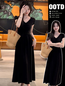 SUSIEYUAN | Đầm Dài Kiểu Pháp Mùa Hè Cổ V Đen