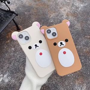 3D Pink Ears Big Mouth Bear Silicone Soft Case for IPhone 17 16 15 14 13 12 Pro Max 11 17Pro 16Pro i17 Cartoon Cute Phone Cover