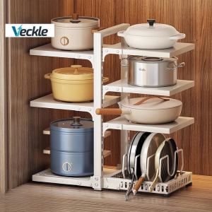 Veckle【2025 New】Under Sink Organizer Rack Adjustable Kitchen Countertop Organizer Holder Space Saving Cookware Pot & Pan Racks