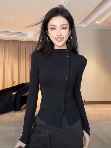 Pure Desire Fashion Womens Long Sleeve Fleece Lined Slim Fit T-Shirt Inner Wear Top Single Button Knitted Polyester Fiber