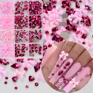 12 กริด 3D สีชมพู Bowknot & Rose-Red Rhinestone เล็บ Charms ผสมรอบ/หัวใจ/สแควร์/Rhombic เพชรตกแต่งเล็บ DIY เล็บ Accessorie