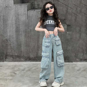 Girls Large Pocket Loose Jeans Spring Summer New Style Childrens Casual Pants Versatile Trendy Long Trousers for Kids