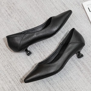 Cabin Crew High Heels Womens Thin Heel Professional Genuine Leather 3cm Work Shoes Black Commuter Style Slip-On Single Shoes