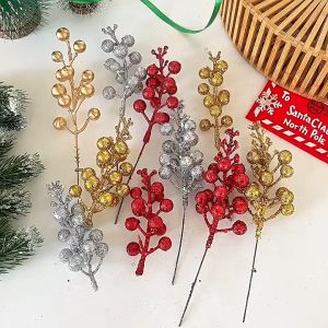 5 Pack Artificial Gold Sliver Red Berry Stems Artificial Berry Picks Branches for Christmas Tree Ornaments