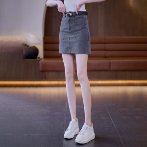 กระโปรงยีนส์สั้นทรงเอเอวสูงสำหรับผู้หญิง ฤดูร้อน 2024 กระโปรงสั้นทรงเอป้องกันแสงสีเข้ารูปสีเทา