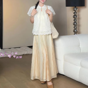 Shalldoer | Bộ váy ren tay ngắn mùa hè phong cách Trung Hoa mới cho nữ cỡ lớn Quần áo hai mảnh thanh lịch Áo sơ mi và váy ngắn