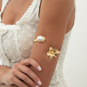 Ingemark | Ingemark 2025 New Bohemia Retro Gold Color Flower Open Bangles Women Fashionable Elegant Imitation Pearls Arm Bracelets Jewelry
