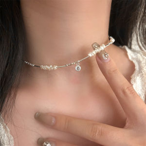 Elegant Pearl Splicing Necklace Womens Zircon Pendant Collarbone Chain Fashionable Personality New Style Ammjoo Alloy Pendant
