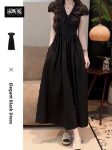 SUSIEYUAN | Hebe Style Black Dress Women Summer New Fashion Slimming Long Waist-Cinched Midi Skirt Polyester Fiber Short Sleeve V-Neck A-Line Skirt