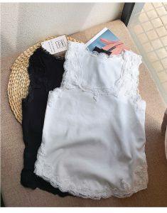 High Quality Womens Lace Trimmed Square Neck Vest Spring Summer New Style Wide Shoulder Strap Sleeveless Top Inner Wear Outerwear
