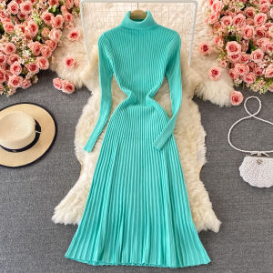 Slimming A-Line Knitted Dress Korean Style High Waist Long Sleeve Gored Skirt Womens Base Layer Midi Dress for Autumn Wear
