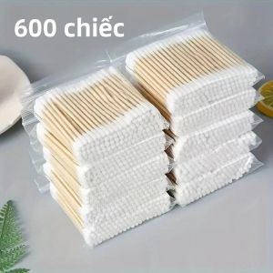 Bộ 600 Tăm Bông Tre Hai Đầu Không Mùi Nhẹ Nhàng Làm Sạch Tai Và Loại Bỏ Trang Điểm Chất Liệu Gỗ