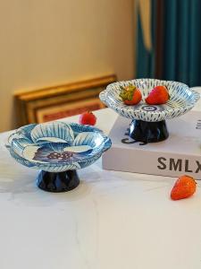 Hand-Painted Ceramic High-Stand Fruit Dish Chinese Style Dessert Plate Blue And White Fruit Tray for Home Use Dining Table