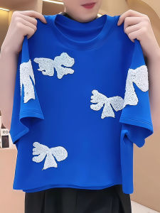 Blue Embroidered Pure Cotton Short Sleeve T-Shirt Womens Casual Fashion Design Summer Top Youthful Korean Style Streetwear