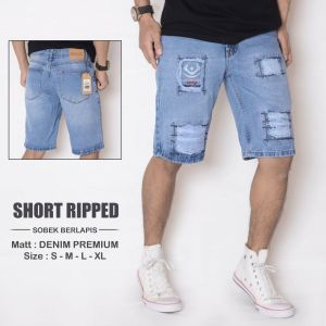 Celana Pendek Jeans Ripped Sobek Berlapis - EMBLEM LOGO BORDIR+ MODEL TERBARU PREMIUM DISTRO COD BISA BAYAR DI TEMPAT