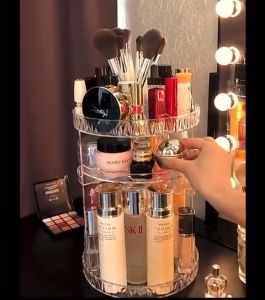 Easy assembly D.I.Y style rotating cosmetic rack