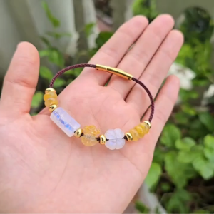 Q2590 Vòng lu thống cỏ 4 lá Moonstone mix ngũ điếu túi tiền Thạch Anh Tóc Vàng hợp mệnh Kim - Phong Thủy TUDO