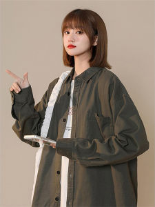 Street Style Cotton Work Shirt Womens Utility Shirt Army Green Versatile Outerwear plus Size Trendy Top for Young Women