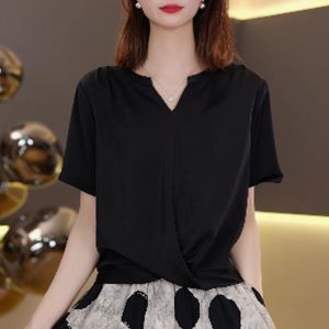 Fashionable Casual Short Sleeve T-Shirt Womens Simple Elegant Pure Color Summer New Arrival V-Neck Short Length Regular Thickness