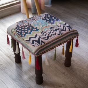 Ins Short Stool Ethnic Style Solid Wood Small Stool Living Room Sofa Stool Nordic Creative Cloth Art Home Shoe Changing Stool