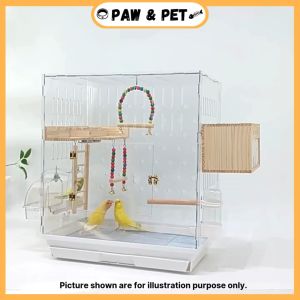 Transparent Bird Cage With Food Boxes and Drinking Bottle Panoramic Acrylic Luxury Bird Cage Bird Accessories