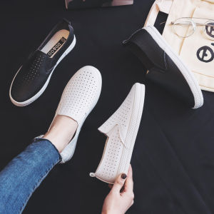 Summer Thin Slip-On Womens White Shoes Leather Surface Breathable Lazy Driving Nurse Bean Shoes round Toe Low Top Canvas Shoes