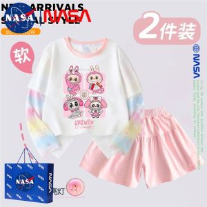 NASA Girls Labubu Set Summer Sun Protection Long Sleeve Pure Cotton T-Shirt Shorts Skirt Two-Piece Set Sweet Style Cartoon Print