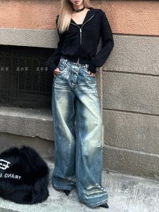 Retro American Washed Silver Ironed Wide Leg Jeans Womens Design Sensation Irregular Waist Head High Waist Long Pants