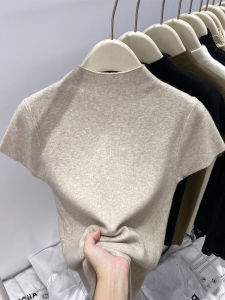 Early Autumn 2025 Womens Knitted Short Sleeve T-Shirt Slim Fit Stand Collar Base Shirt Vintage Commute Style Solid Color