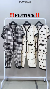Murah...! Piyama Motif Houndstooth Powysuit Satin Lengan Pendek Celana Panjang Baju Tidur Wanita