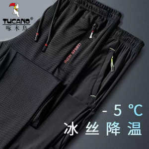 Ice Silk Mens Summer Thin Mesh Breathable Sports Pants Straight Leg Casual Trousers High Waist Long Pants Quick Dry Polyester Fiber