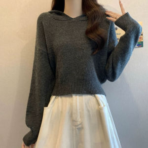 เสื้อสเวตเตอร์ถักมีฮู้ดสำหรับผู้หญิง ฤดูใบไม้ร่วง 2025 ใหม่ สไตล์นักศึกษาเกาหลี ลำลอง ลดอายุ แฟชั่น เสื้อสเวตเตอร์ถัก