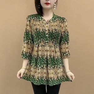 Womens Ice Silk Elastic Round Neck Buttoned Three-quarter Sleeve Mid-length Loose Flesh-covering Shirt