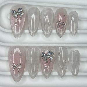 Cute Pink Blush Almond Handmade Press On Nails Gentle Sweet Soft Girl Fake Nails 3D Bow Pearl Diamond Cat Eye Glitter Nail Art