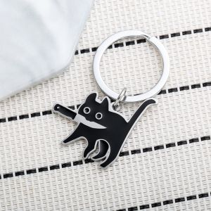ZRM Hip Hop Killer Cat Keychain For Women Men Cute Punk Retro Doodle Black Pendant Chain Jewelry Gift