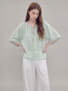 GULILI | Mint Green V-Neck Tie Flared Sleeve Linen Blouse