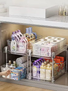 After sales service Card / Damaged replacement / If there are any problems please contact customer service / Sink Organizer Acrylic Pull Out Rack Kitchen Organiser