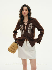 SHEITAOZI | Hemp Embroidery V-Neck Long-Sleeve Flared-Shirt Jacket