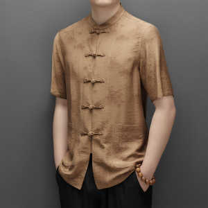 Casual Silk Shirt Mens Short Sleeve High Collar Printed Chinese Style Button Decorated Summer Dad Set Tang Costume Top