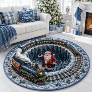 VIKAMA 3D Optical Illusion Round Santa Claus Rug Non-Slip Living Room Decorative Rug Christmas Party Home Decor