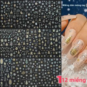 12 Miếng Dán Móng Tay Giáng Sinh 3D Lấp Lánh Hình Bông Tuyết Chuông Nai Sừng Tấm Thiết Kế Cắt Laser Bạc Cây Thông Giáng Sinh Dán Móng Tay Mùa Đông